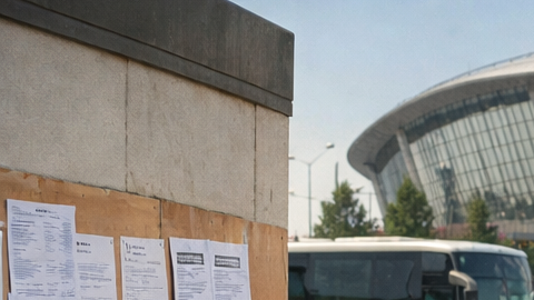 Personas buscan empleo temporal afuera de un estadio en Estados Unidos durante un torneo internacional mientras otros ingresan con credenciales.