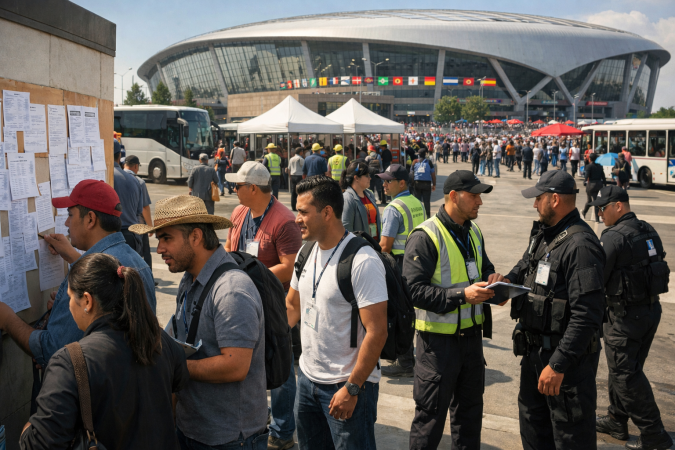 Personas buscan empleo temporal afuera de un estadio en Estados Unidos durante un torneo internacional mientras otros ingresan con credenciales.