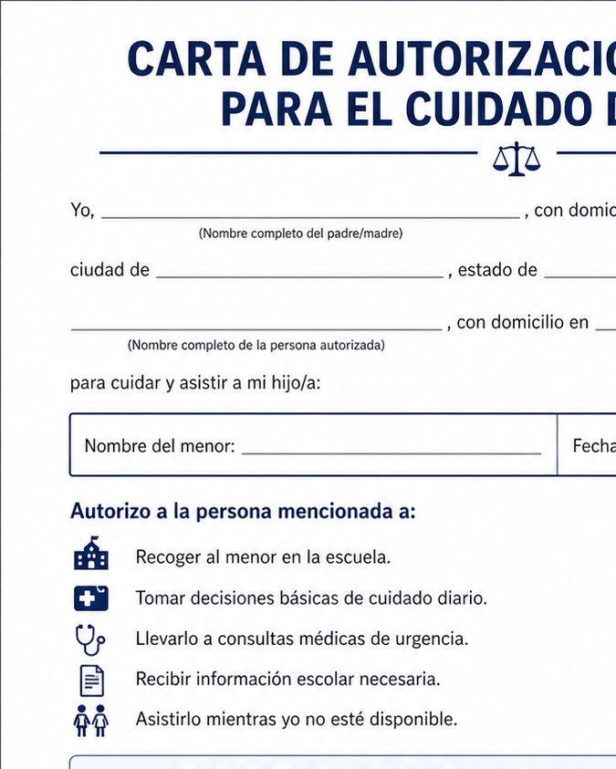CARTA DE AUTORIZACIÓN TEMPORAL PARA CUIDADO DE MENOR Ejemplo de carta poder para hijos si ICE me detiene