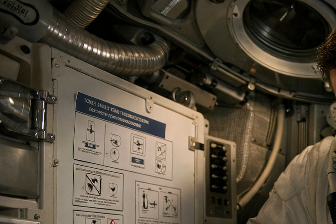 Astronauta usando un baño espacial dentro de una cápsula, en un entorno reducido y sin gravedad