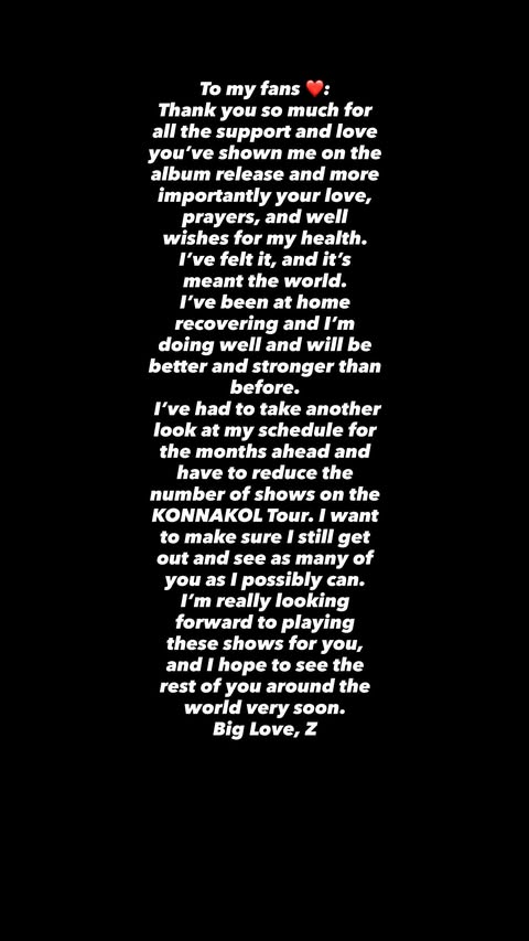 Zayn Malik en concierto, agradeciendo a sus fans por su apoyo durante su recuperación