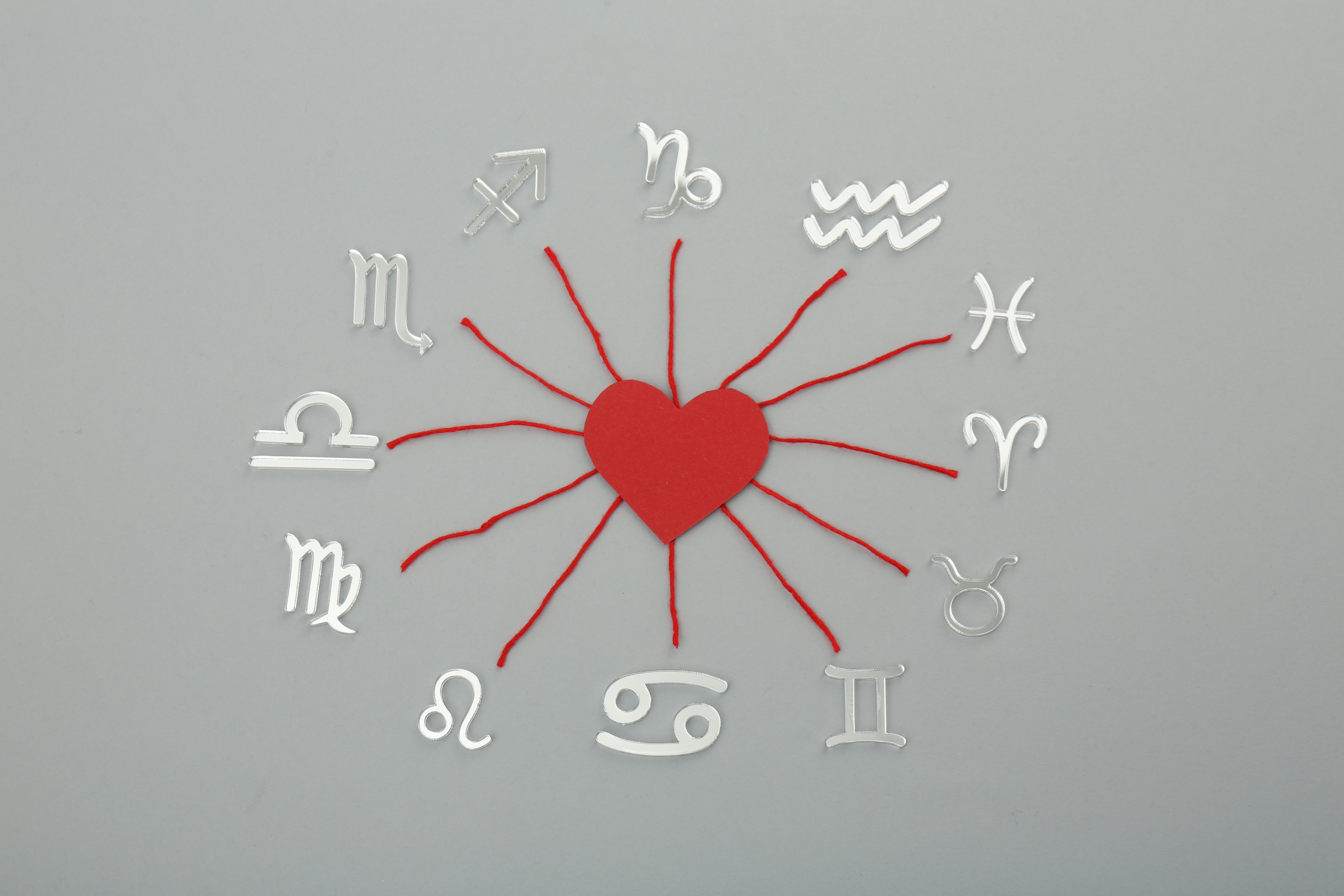 Zodiac,Compatibility.,Signs,,Red,Heart,And,Threads,On,Grey,Background,