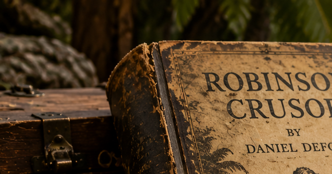 Recreación visual de Robinson Crusoe con un libro antiguo frente a una isla paradisíaca, en alusión a la legendaria historia del tesoro perdido que vuelve a despertar interés internacional.