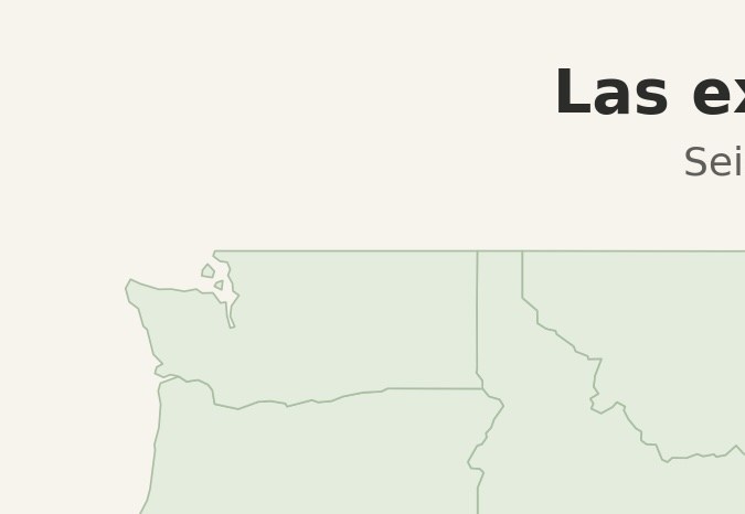 Mapa de Estados Unidos con seis ubicaciones señaladas: Bryce y Zion en Utah, Roswell en Nuevo México, Perdido Key en Florida, Cedar Point en Ohio, Pittsburgh en Pensilvania y Washington D.C.