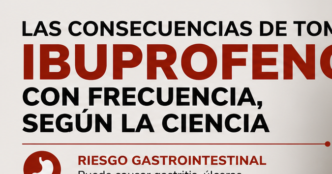 Infografía sobre los posibles riesgos de tomar ibuprofeno con frecuencia, con una caja del medicamento, comprimidos y un vaso de agua.