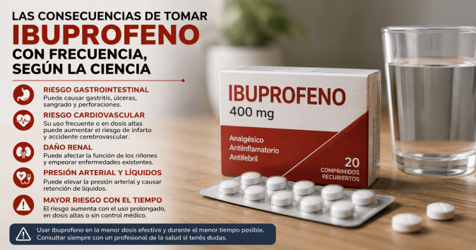 Infografía sobre los posibles riesgos de tomar ibuprofeno con frecuencia, con una caja del medicamento, comprimidos y un vaso de agua.