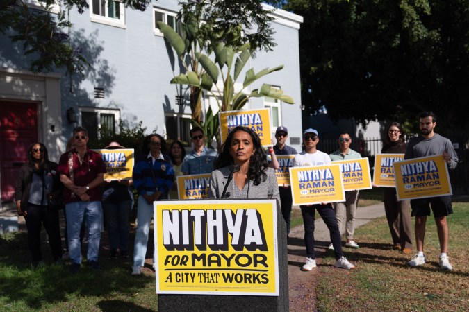 Nithya Raman, a candidate in the Los Angeles mayoral race, speaks during a campaign event about tenant protections with renters in Los Angeles, Monday, June 1, 2026. (AP Photo/Jae C. Hong)