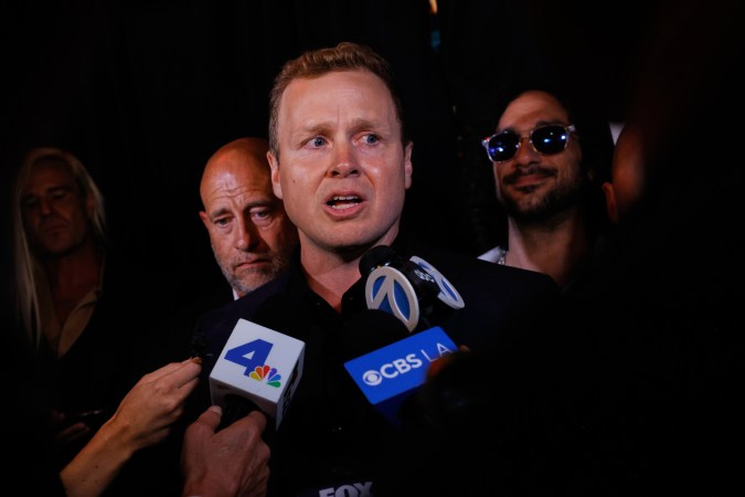 Spencer Pratt, a candidate in the Los Angeles mayoral race, fields interviews during an election night event Tuesday, June 2, 2026, in Los Angeles. (AP Photo/Jill Connelly)