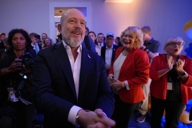 California gubernatorial candidate Steve Hilton greets supporters during an election night event Tuesday, June 2, 2026, in Huntington Beach, Calif. (AP Photo/Gregory Bull)