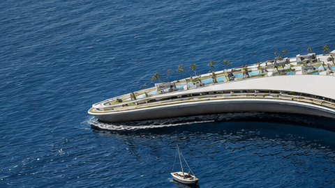 Vista aérea de una gigantesca ciudad flotante con forma inspirada en una tortuga marina sobre el océano