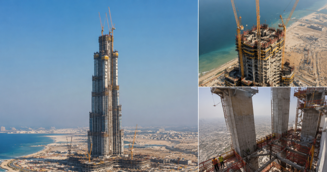 Rascacielo más alto del mundo en 2026 Torre Jeddah en construcción, con más de 100 pisos alcanzados.