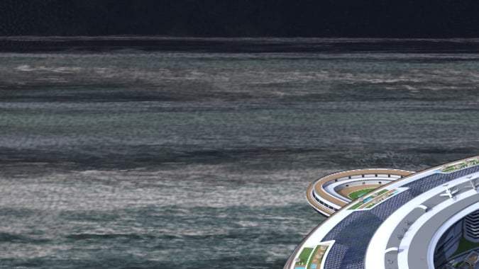Vista aérea de Pangeos, el proyecto de terayate con forma de tortuga marina diseñado para funcionar como una ciudad flotante