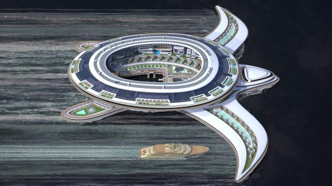 Vista aérea de Pangeos, el proyecto de terayate con forma de tortuga marina diseñado para funcionar como una ciudad flotante