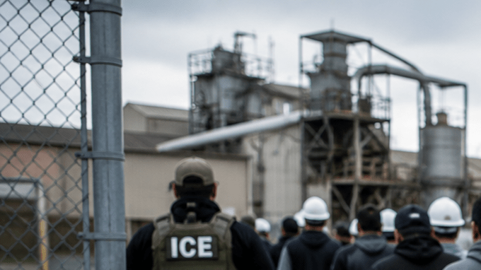 Agentes federales escoltan a trabajadores durante un operativo migratorio en una planta industrial