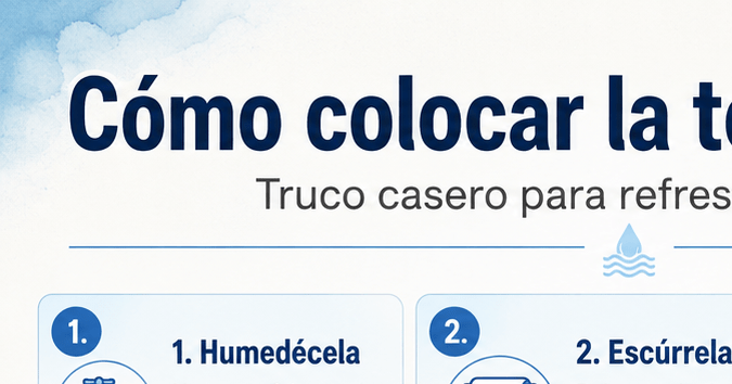 Infografía en español neutro que explica cómo colocar una toalla húmeda para refrescar una habitación con ventilador
