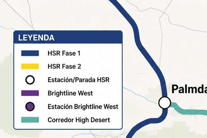 Mapa de la futura conexión entre el tren de alta velocidad de California, el High Desert Corridor y Brightline West, con estaciones en Palmdale, Victor Valley, Hesperia, Rancho Cucamonga, Los Ángeles, Burbank y Anaheim.