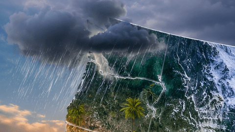 Mapa de Estados Unidos con un pronóstico visual del invierno 2026-2027, con nieve en el norte, lluvias y tormentas en el sur, e íconos climáticos en distintas regiones.
