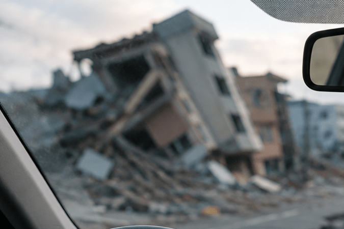 Imagen ilustrativa de la tecnología de alerta temprana de terremotos en autos, con un conductor recibiendo una advertencia sísmica en el sistema multimedia del vehículo y en su smartphone. Estos sistemas no predicen terremotos: reciben avisos de redes oficiales de detección antes de que lleguen las sacudidas más fuertes.