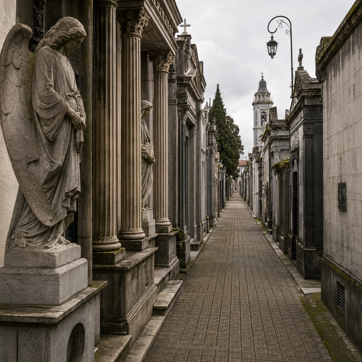 Pasillo del Cementerio de la Recoleta en Buenos Aires rodeado de bóvedas, mausoleos y esculturas funerarias
