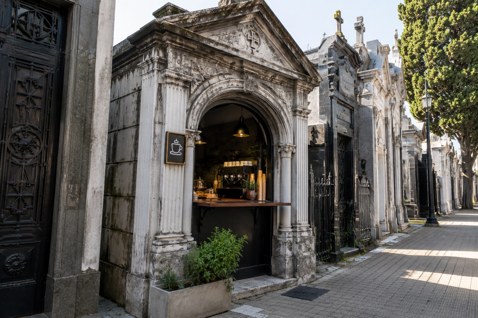 Bóveda antigua transformada en un pequeño punto de café dentro de un cementerio histórico, en una imagen ilustrativa sin personas