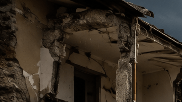 Daños provocados por un fuerte terremoto con edificios derrumbados y grandes grietas en una carretera