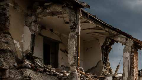 Daños provocados por un fuerte terremoto con edificios derrumbados y grandes grietas en una carretera