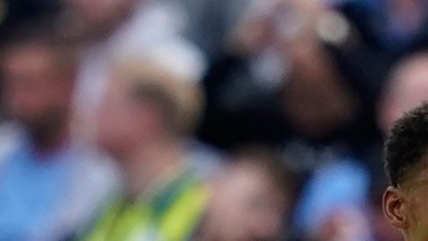 Manchester City's Erling Haaland, right, celebrates after scoring his side's opening goal during the English Premier League soccer match between Manchester City and Coventry City in Manchester, England, Saturday, Sept. 5, 2026. (AP Photo/Dave Thompson)