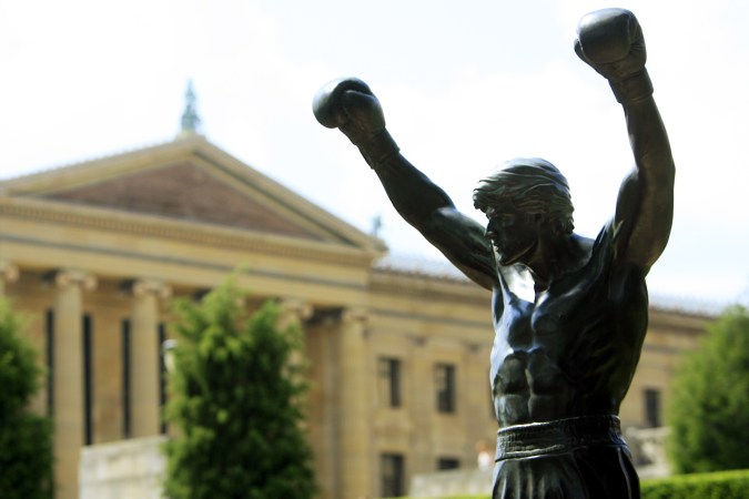 The bronze statue of Sylvester Stallone portraying the boxer from the film "Rocky III" is seen shortly after workers installed it near the steps of the Philadelphia Museum of Art in Philadelphia.